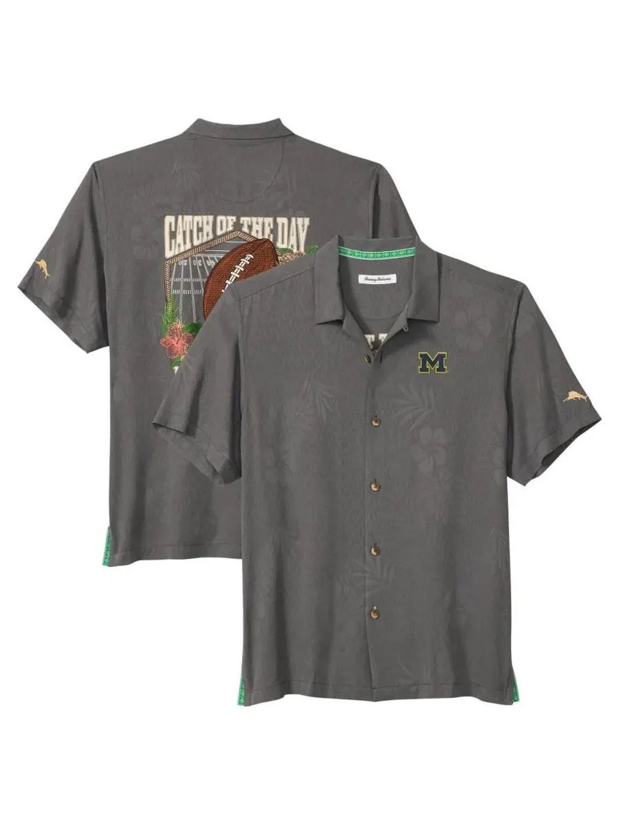 Tommy Bahama Мужская серая футболка на пуговицах Michigan Wolverines Catch of the Day Camp