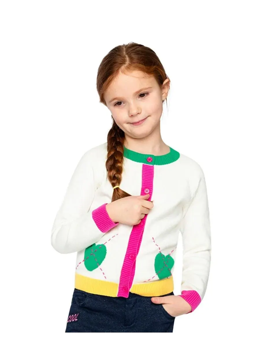 Детский вязаный кардиган с пуговицами и сердечками Ivy Kids Deux par Deux — изображение 2 из 7, белый зеленый розовый