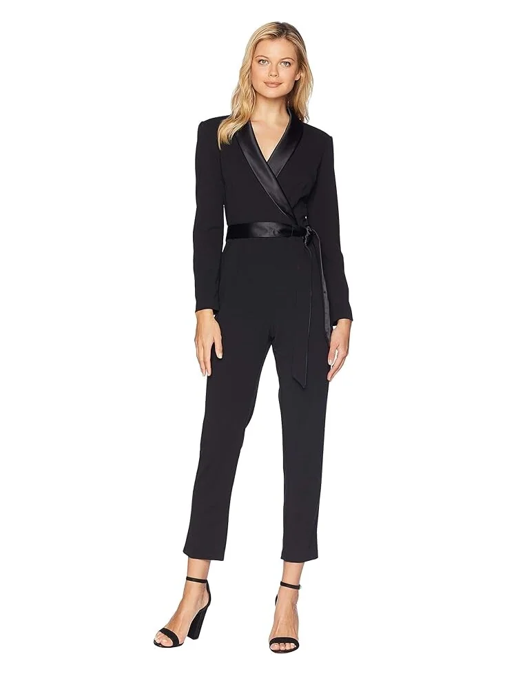 Комбинезон Adrianna Papell Knit Crepe Wrap Top Jumpsuit withs, Slim Pants, and Stretch Charmeuse Collar — черный