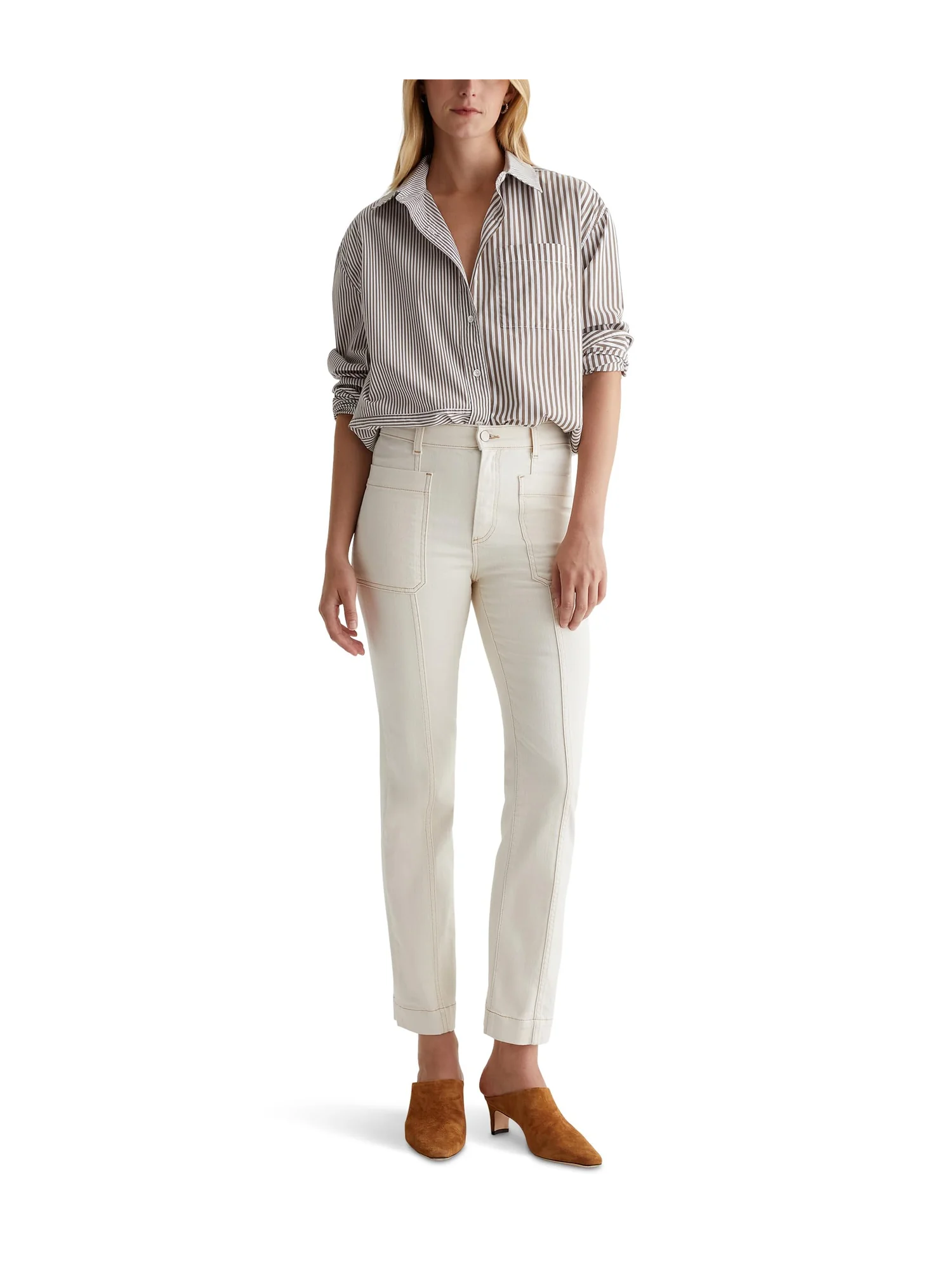 Джинсы AG Jeans Lila Utility Mid-Rise Straight Jeans in White Oat — 5
