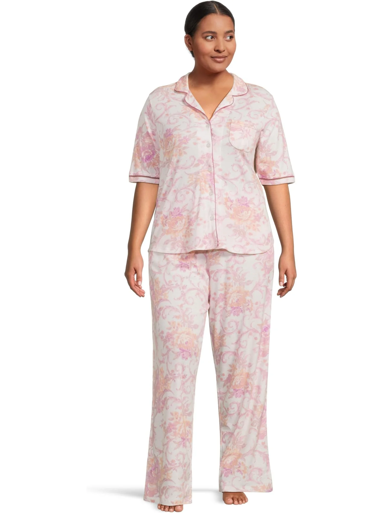 Пижама Karen Neuburger Plus Size Romantic Fields Elbow Sleeve Pajama Set with Lace, цвет Regal Floral — мульти
