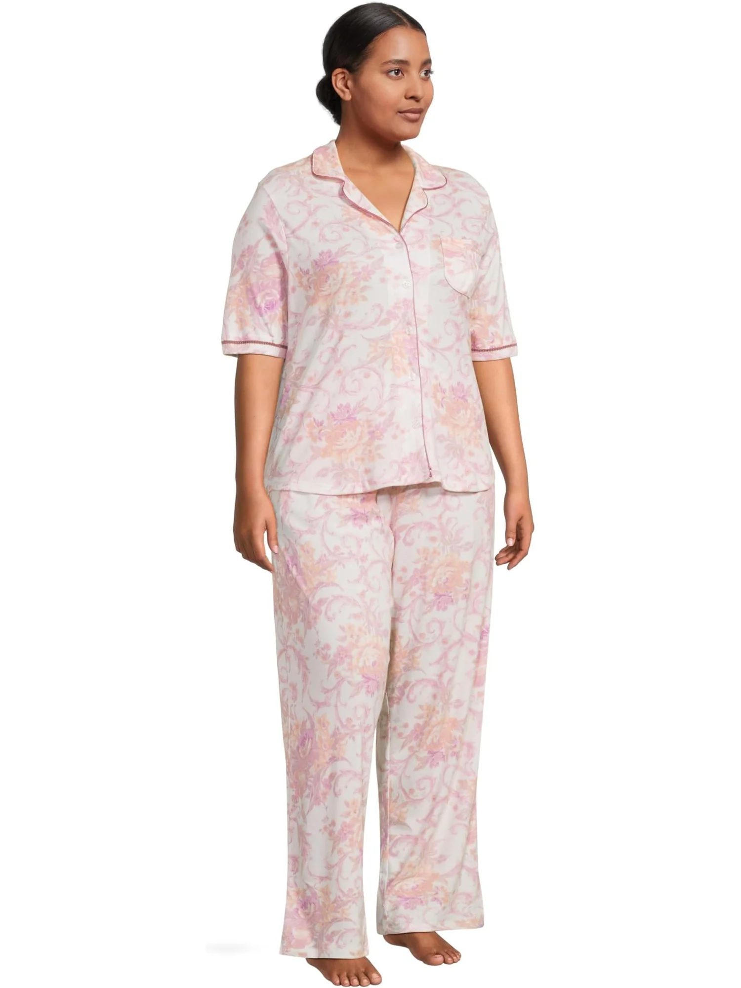 Пижама Karen Neuburger Plus Size Romantic Fields Elbow Sleeve Pajama Set with Lace, цвет Regal Floral — 2