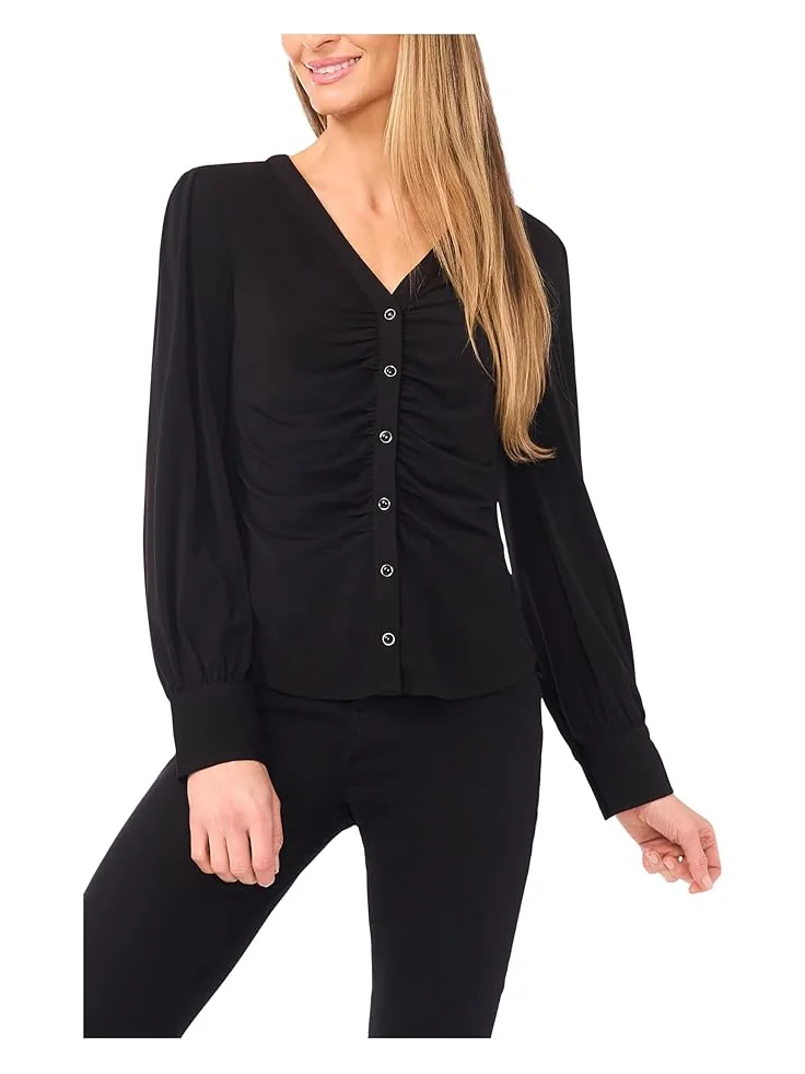 Женская блузка CeCe Long Sleeve V-Neck Shirred Button Down Knit — черный