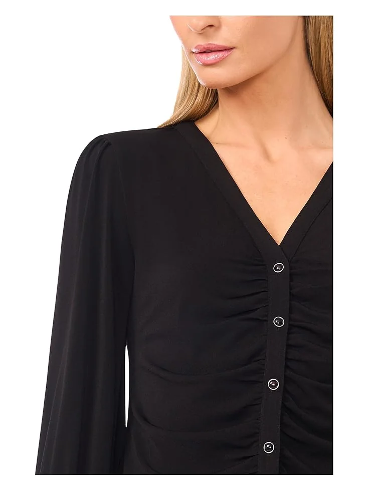 Женская блузка CeCe Long Sleeve V-Neck Shirred Button Down Knit — 3