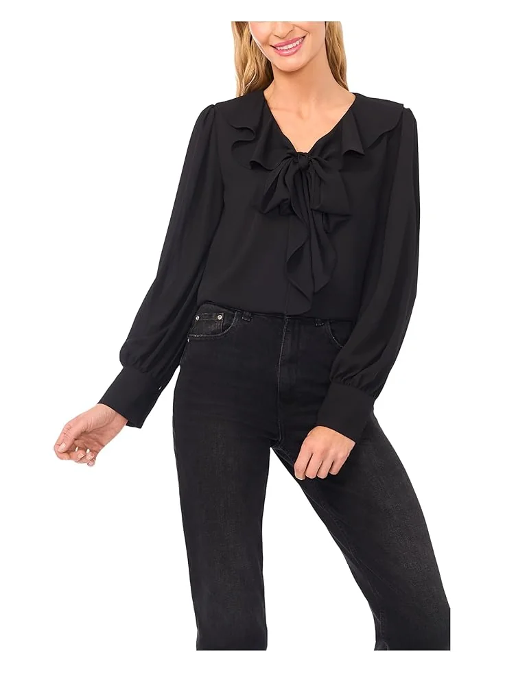 Женская блузка с длинным рукавом и рюшами CeCe Long Sleeve Ruffle Tie Neck — черный