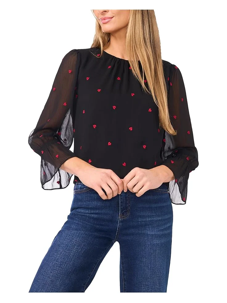Женская блузка CeCe 3/4 Sleeve Shirred Neck Embroidery Hearts — черный