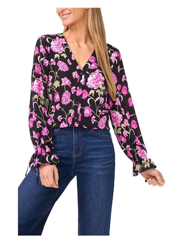 Женская блузка с длинным рукавом и цветочным принтом CeCe Floral Printed Button Front — 1