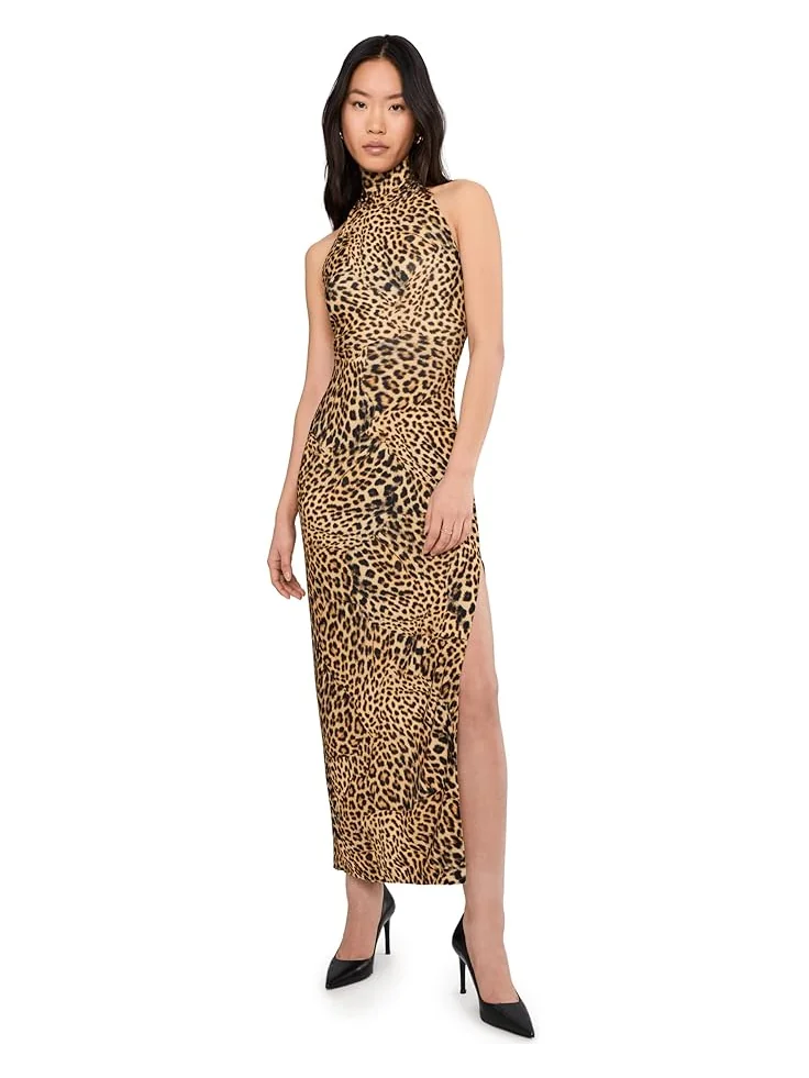Женское платье Norma Kamali Halter Turtle Side Slit, Cheetah Patch — 1