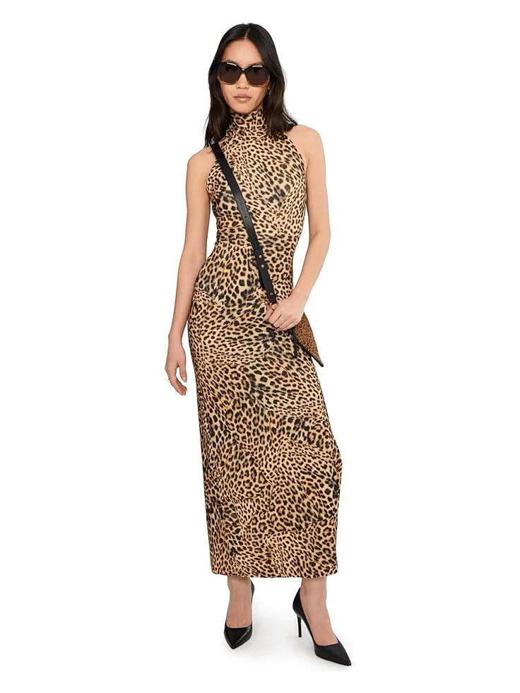 Женское платье Norma Kamali Halter Turtle Side Slit, Cheetah Patch — 2