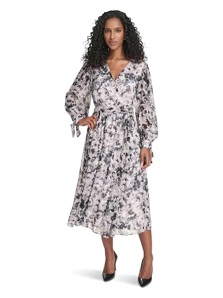Женское платье Calvin Klein V-Neck Long Sleeve Chiffon Midi — 1