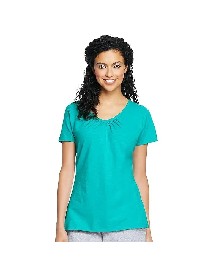 Футболка V-образным вырезом хлопок Shirred V-Neck T-Shirt Hanes — 1