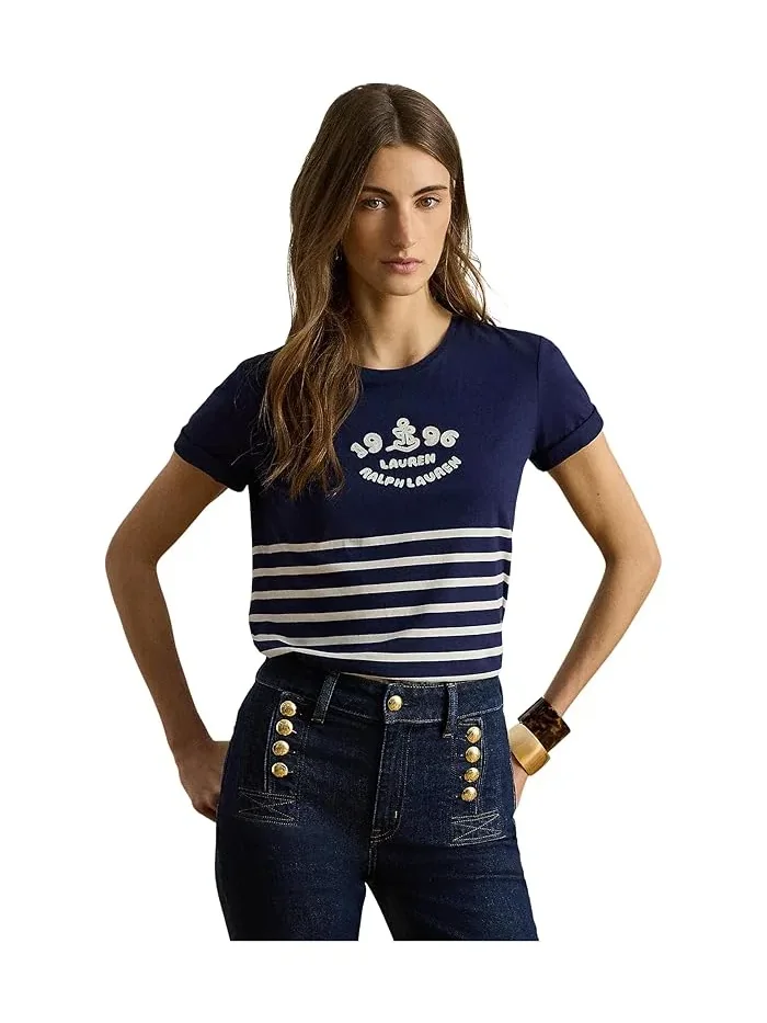 Футболка с полосками и вышитым логотипом модель Striped Embroidered-Logo Jersey Tee Lauren Ralph Lauren — 1