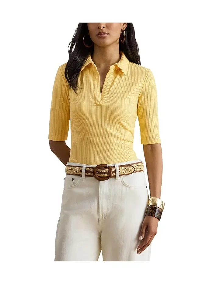 Полочная футболка с воротником Rib-Knit Elbow-Sleeve Polo Tee Lauren Ralph Lauren — 1