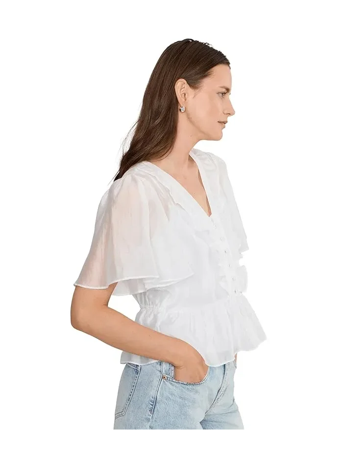 Топ V-neck Double Ruffle Buttondown Vince Camuto — изображение 3 из 5, белый