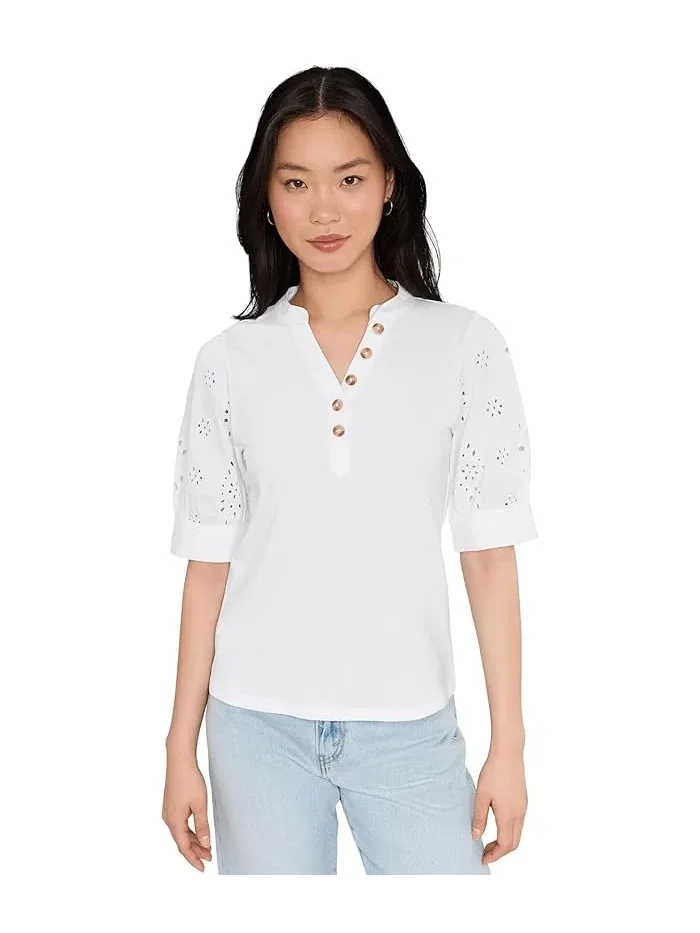 Топ с рукавами-фонариками и кружевом Elbow Puff Sleeve Mixed Media Lace Top CeCe