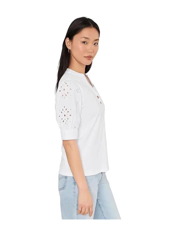 Топ с рукавами-фонариками и кружевом Elbow Puff Sleeve Mixed Media Lace Top CeCe — изображение 3 из 5, цветение коралла