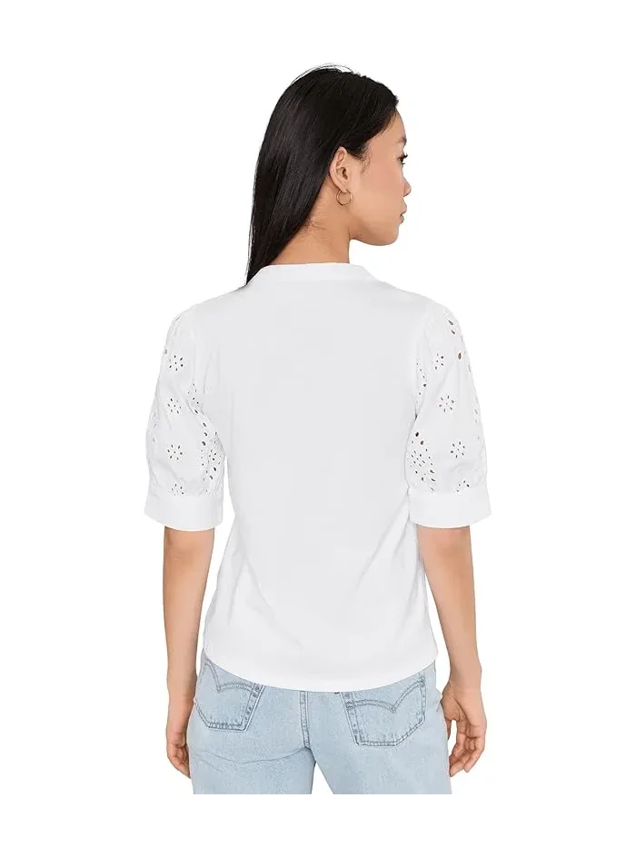 Топ с рукавами-фонариками и кружевом Elbow Puff Sleeve Mixed Media Lace Top CeCe — изображение 4 из 5, цветение коралла