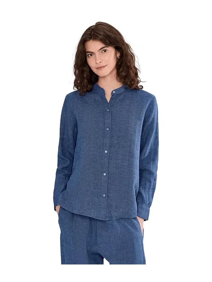 Блуза с мандариновым воротником Washed Organic Linen Delave Eileen Fisher — черный