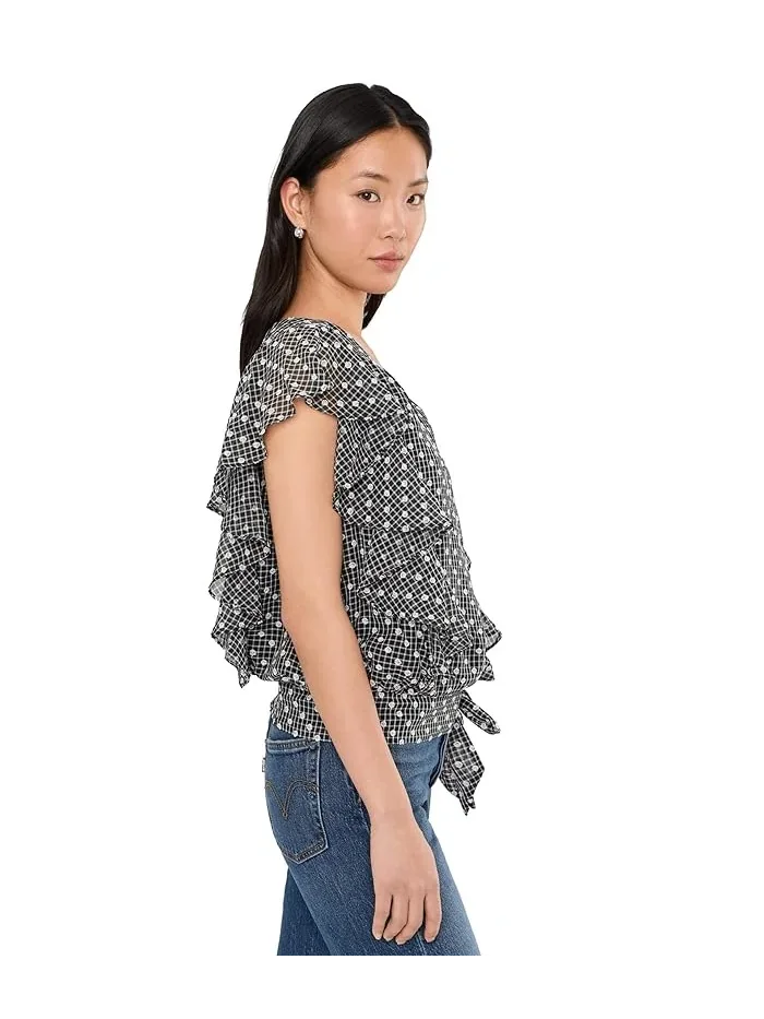 Блуза с рюшами короткими рукавами Liverpool Los Angeles Black/White Plaid — 3