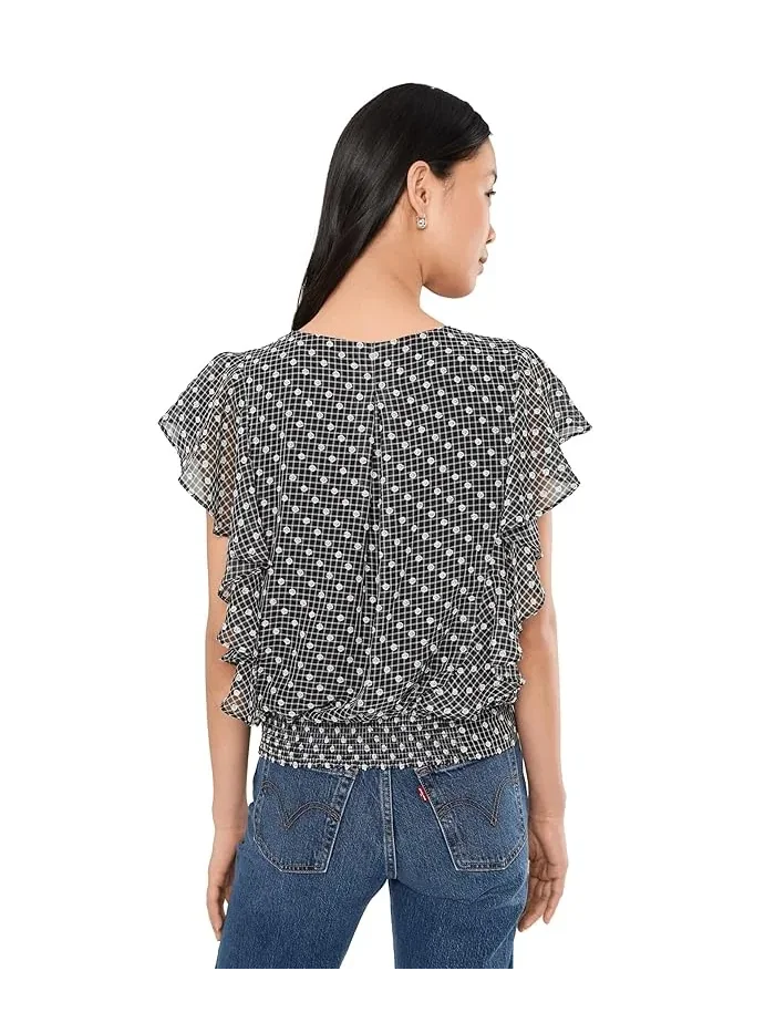Блуза с рюшами короткими рукавами Liverpool Los Angeles Black/White Plaid — 4
