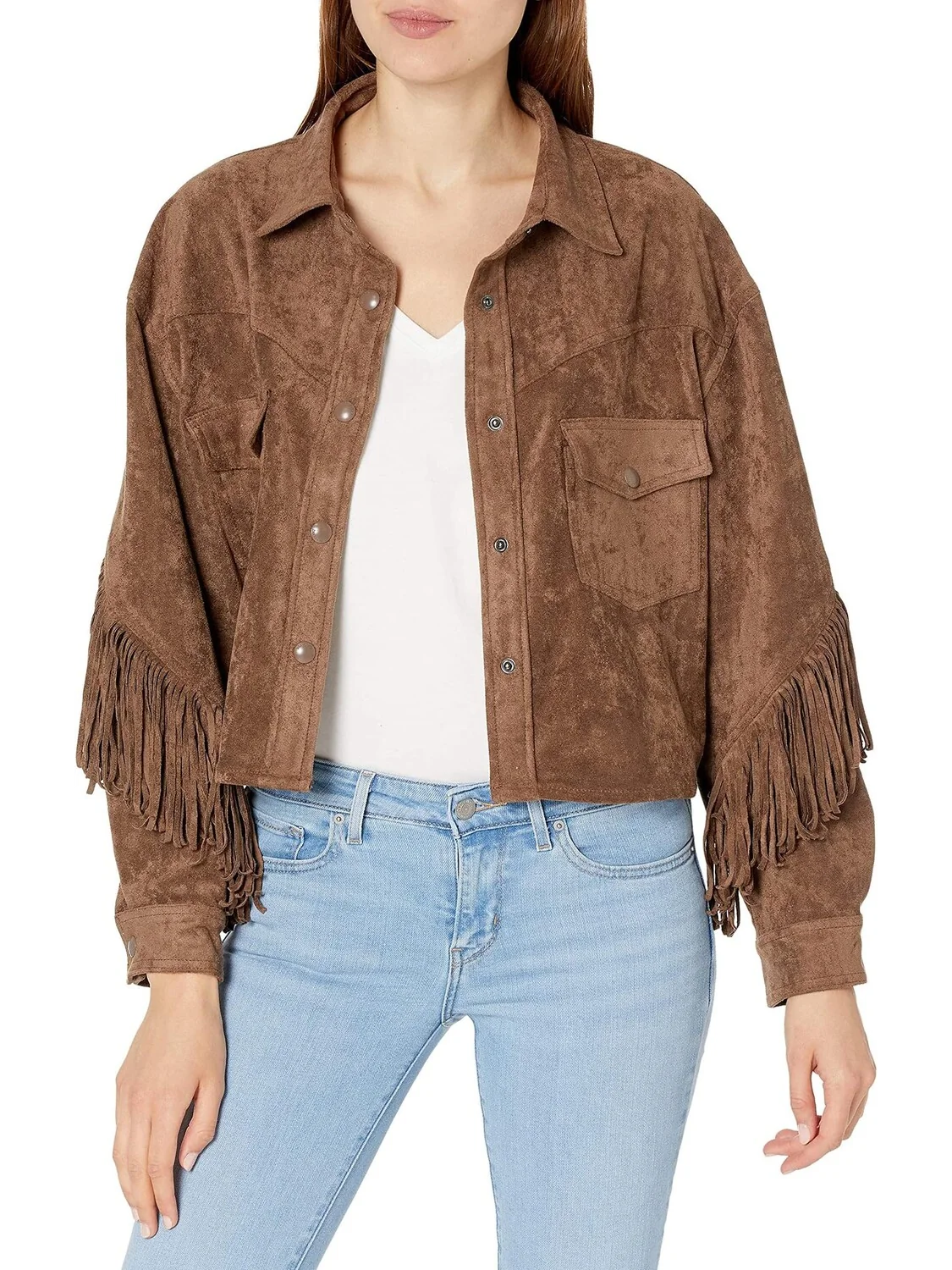 Куртка Faux Suede Fringe Shirt Jacket in Hot Cocoa Blank NYC — изображение 1 из 2, коричневый