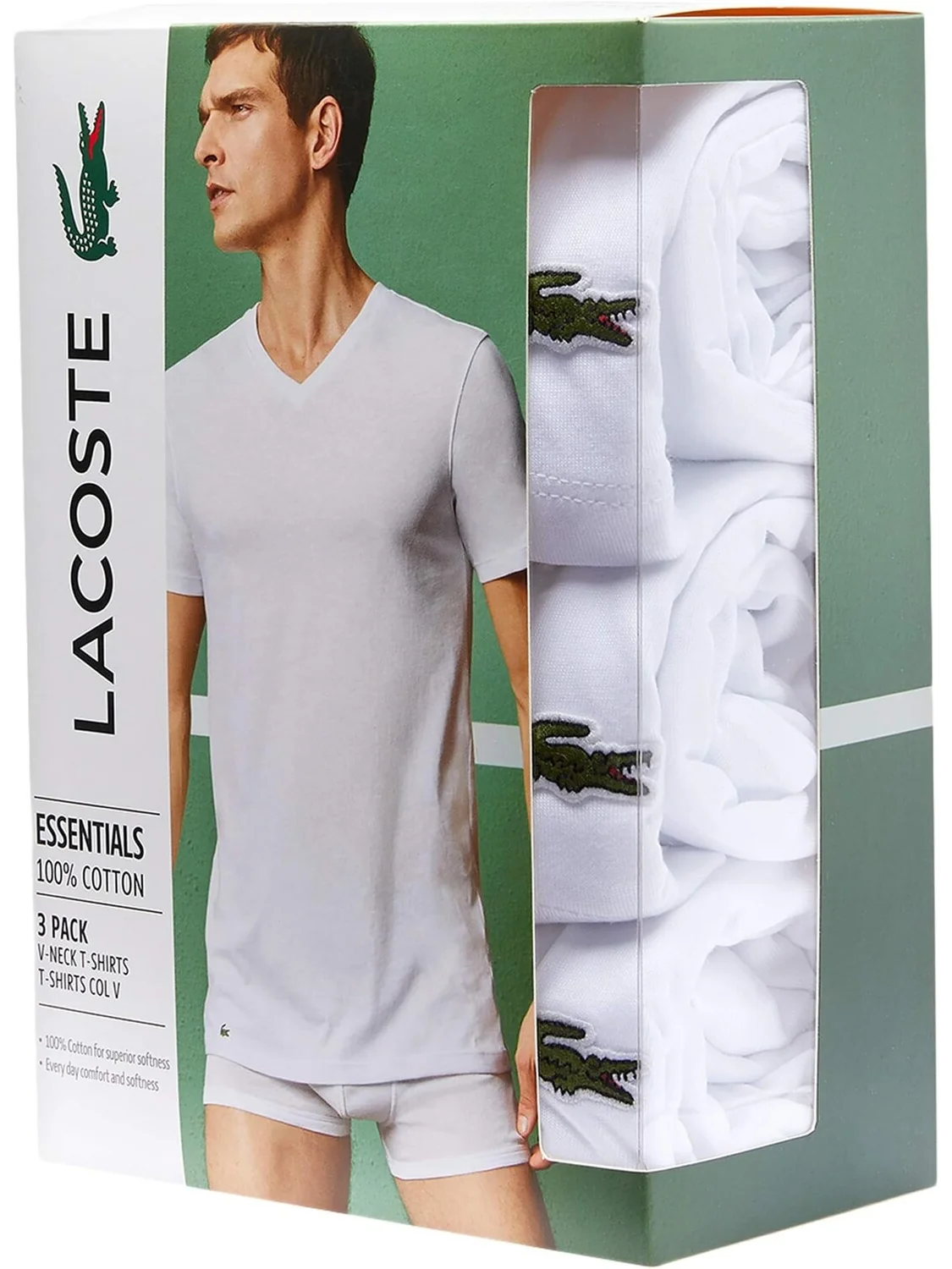 Комплект из 3 футболок Lacoste Essential с V-образным вырезом — изображение 2 из 2, белый