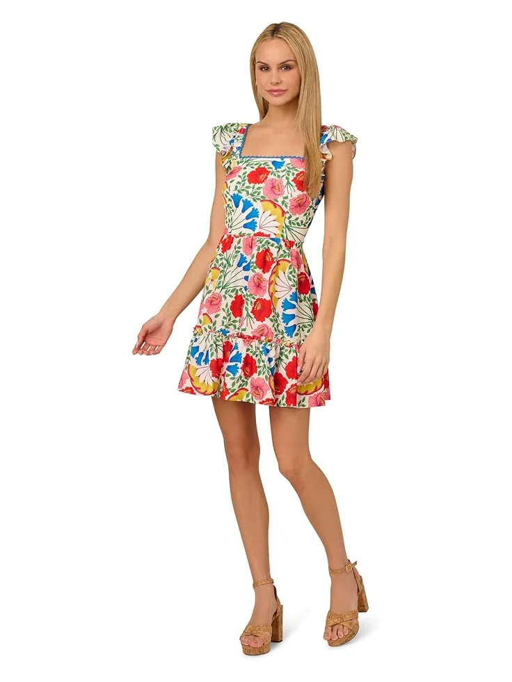 Платье Adrianna Papell Flutter Sleeveless Short Dress — изображение 1 из 3, слоновая кость мульти