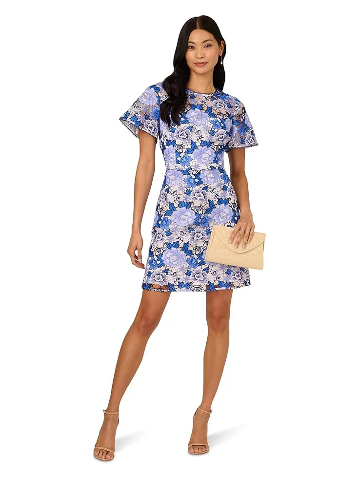 Платье Adrianna Papell Floral Embroidery Short Dress — изображение 1 из 3, синий мульти