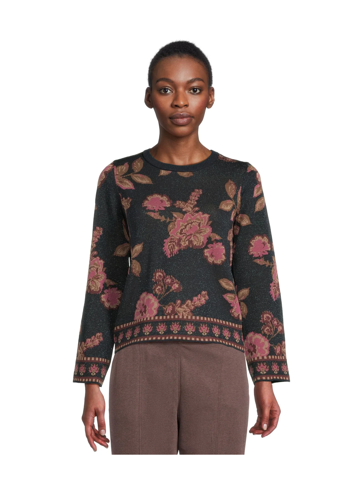 Свитер Vince Camuto Floral Jacquard Long Sleeve Crew — изображение 1 из 5, классический темно-синий