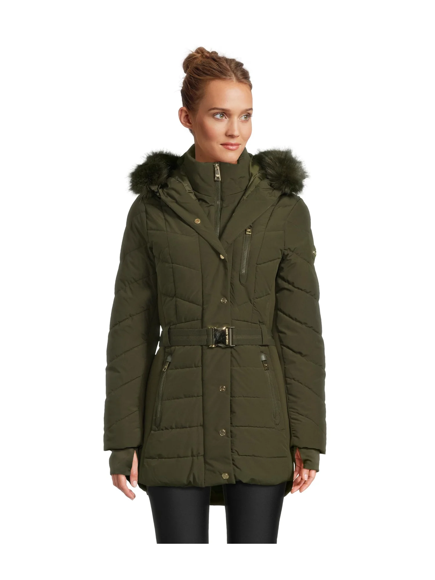 Куртка MICHAEL Michael Kors Chevron w/ Belt A421509B74 — изображение 1 из 5, оливковый