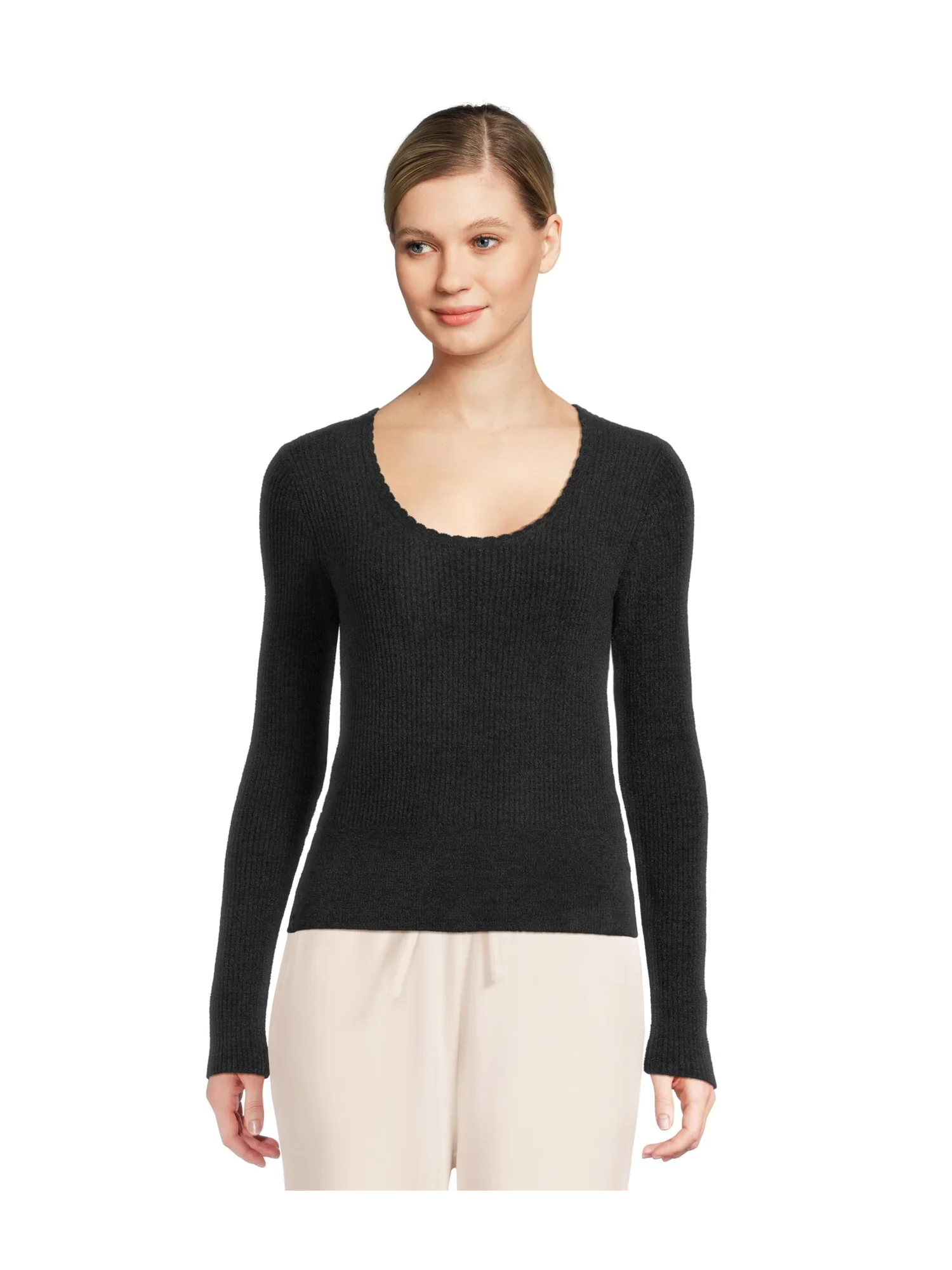 Топ Barefoot Dreams Cozychic Ultra Lite Ribbed Scallop Scoop Neck Top — изображение 1 из 5, черный