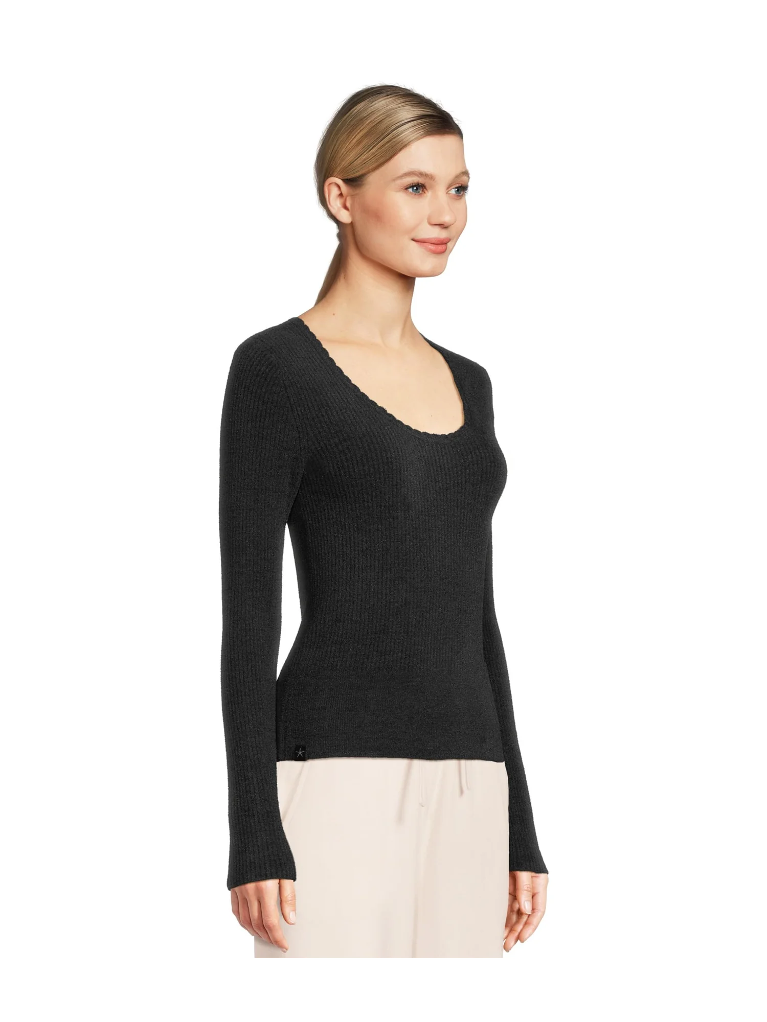 Топ Barefoot Dreams Cozychic Ultra Lite Ribbed Scallop Scoop Neck Top — изображение 2 из 5, черный