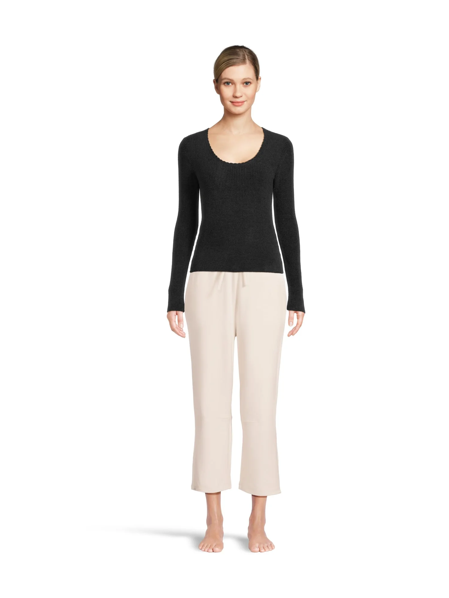 Топ Barefoot Dreams Cozychic Ultra Lite Ribbed Scallop Scoop Neck Top — изображение 5 из 5, черный