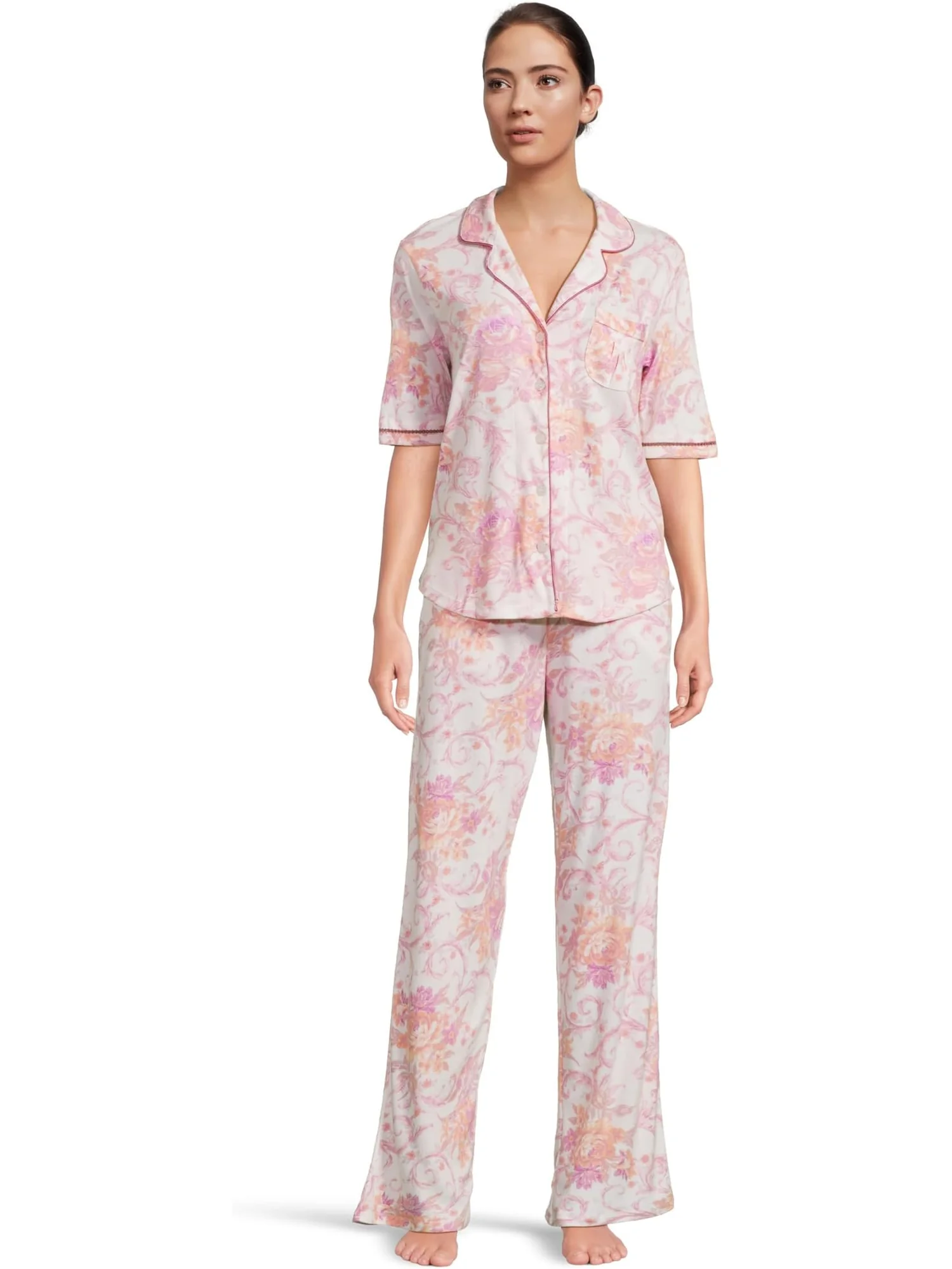 Пижама Karen Neuburger Romantic Fields Elbow Sleeve Pajama Set with Lace, цвет Regal Floral — изображение 1 из 5