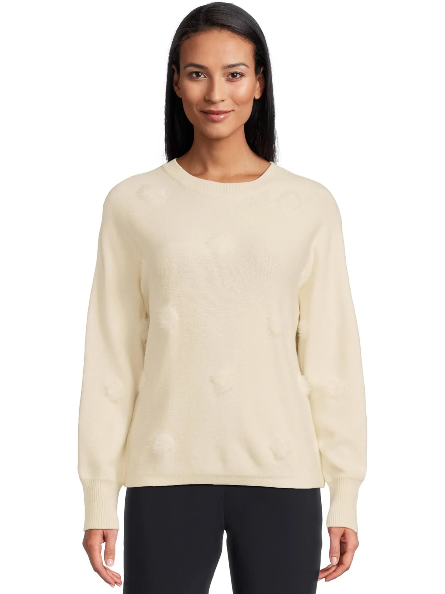 Свитер Elliott Lauren Women's On the Dot - Long Sleeve Crew Neck Sweater with Fuzzy Dots — изображение 1 из 5, бежевый