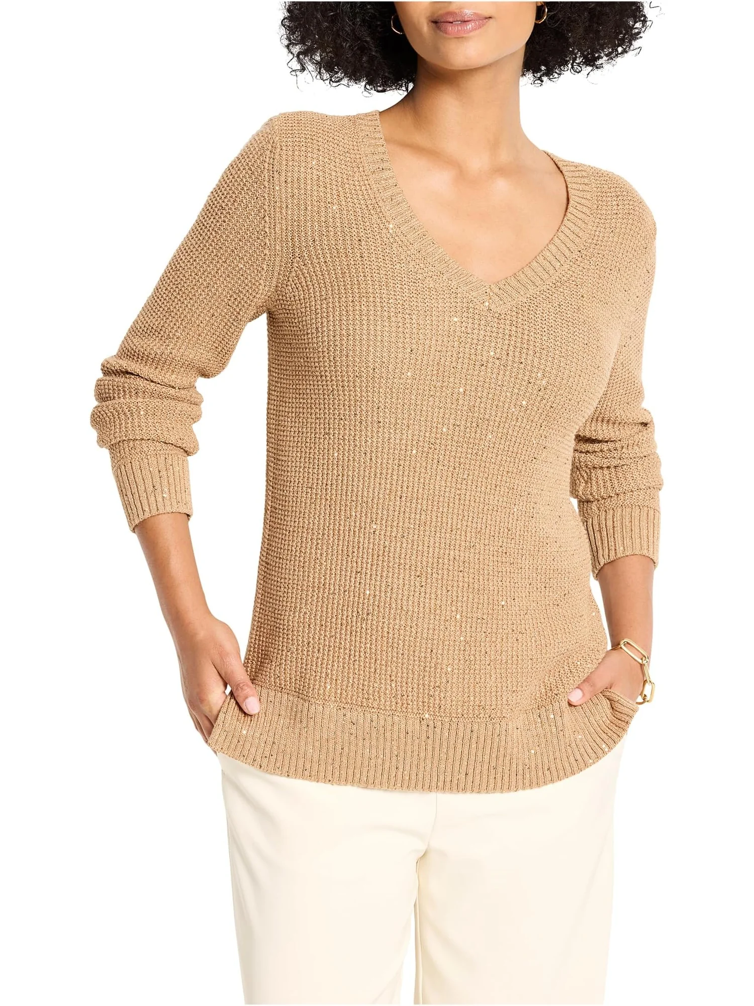 Свитер NIC+ZOE Women's Shimmer Waffle V-neck Sweater — изображение 1 из 4, кремовый