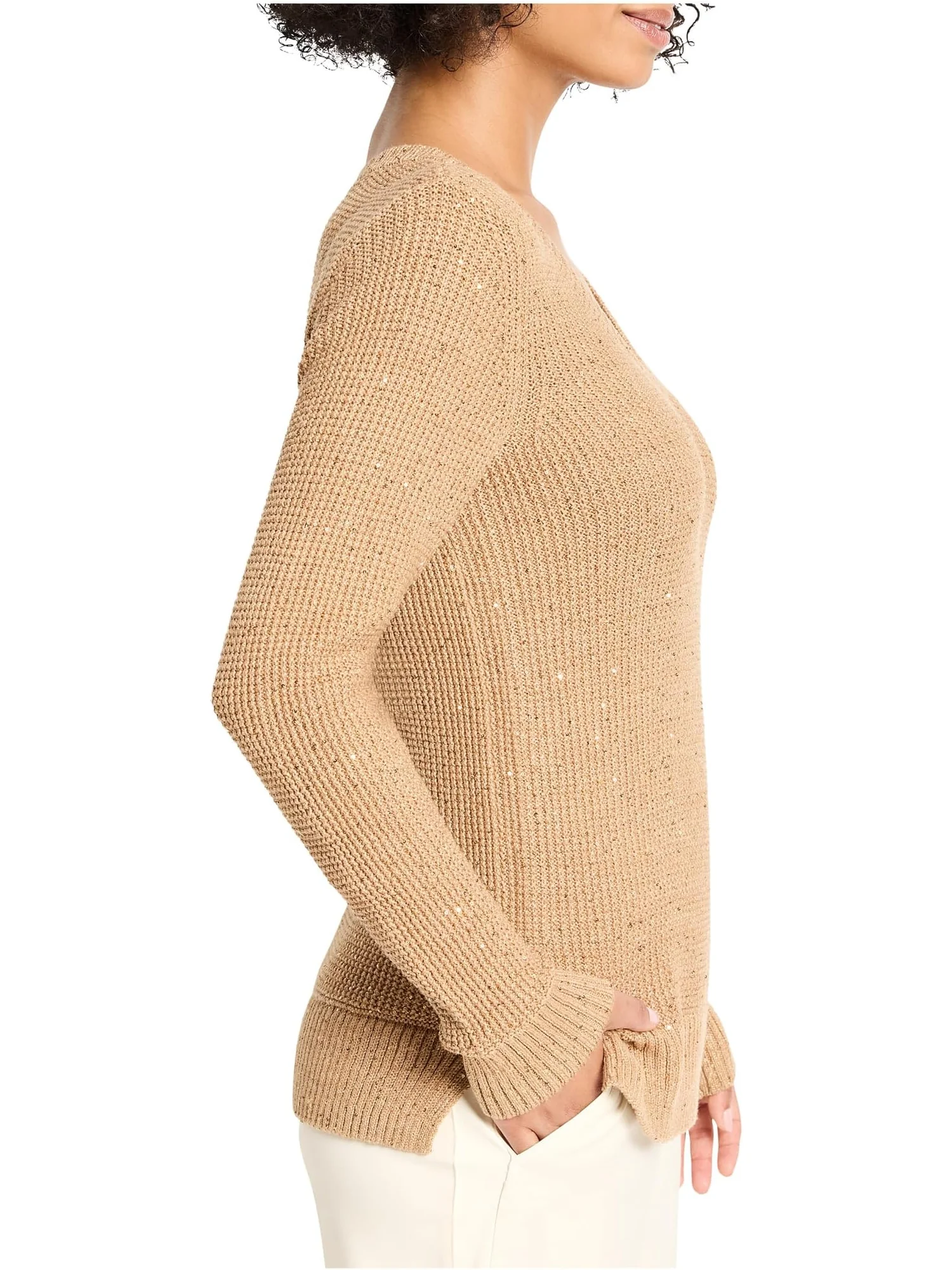 Свитер NIC+ZOE Women's Shimmer Waffle V-neck Sweater — изображение 2 из 4, кремовый