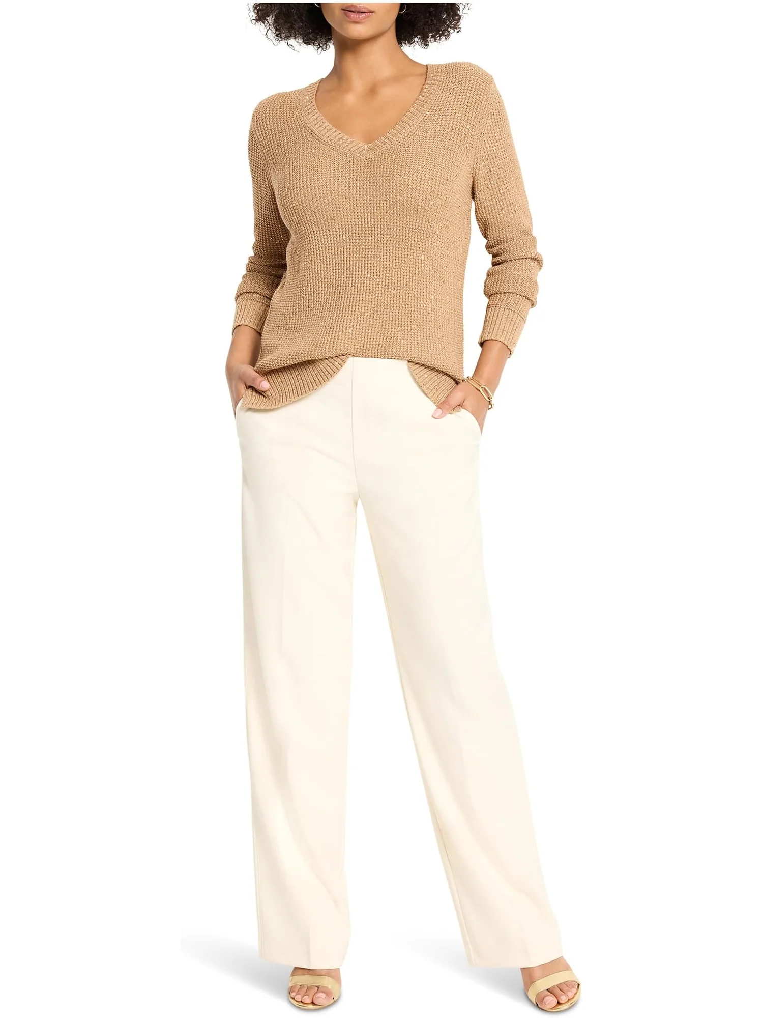 Свитер NIC+ZOE Women's Shimmer Waffle V-neck Sweater — изображение 4 из 4, кремовый