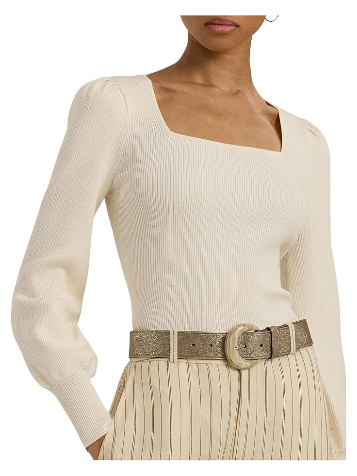 Женский свитер Lauren Ralph Lauren Rib-Knit Puff-Sleeve — изображение 3 из 4, кремовый