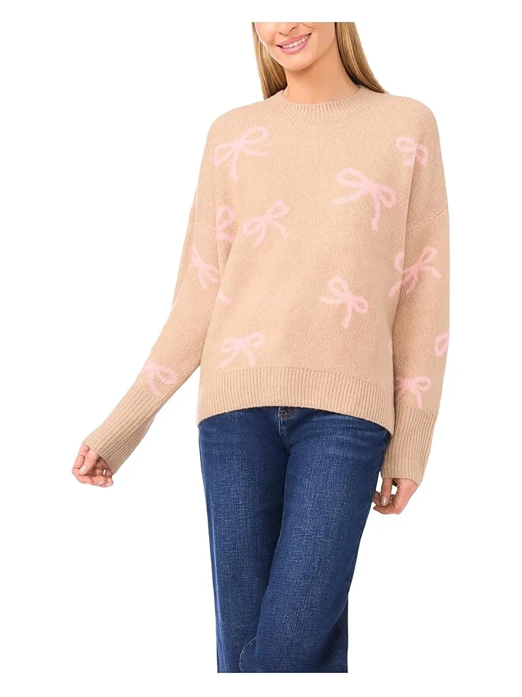 Женский свитер с круглым вырезом CeCe Ribbon Jacquard — изображение 1 из 3, бежевый
