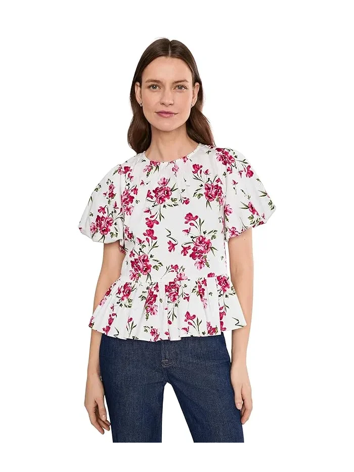 Топ с пышными рукавами цветочный принт Puff Sleeve Shirred Crew Neck Top CeCe
