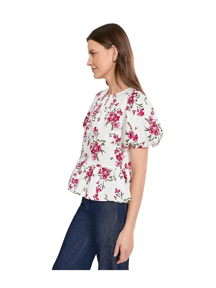 Топ с пышными рукавами цветочный принт Puff Sleeve Shirred Crew Neck Top CeCe — изображение 3 из 5, белый