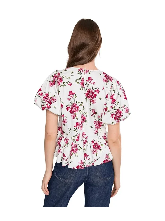 Топ с пышными рукавами цветочный принт Puff Sleeve Shirred Crew Neck Top CeCe — изображение 4 из 5, белый