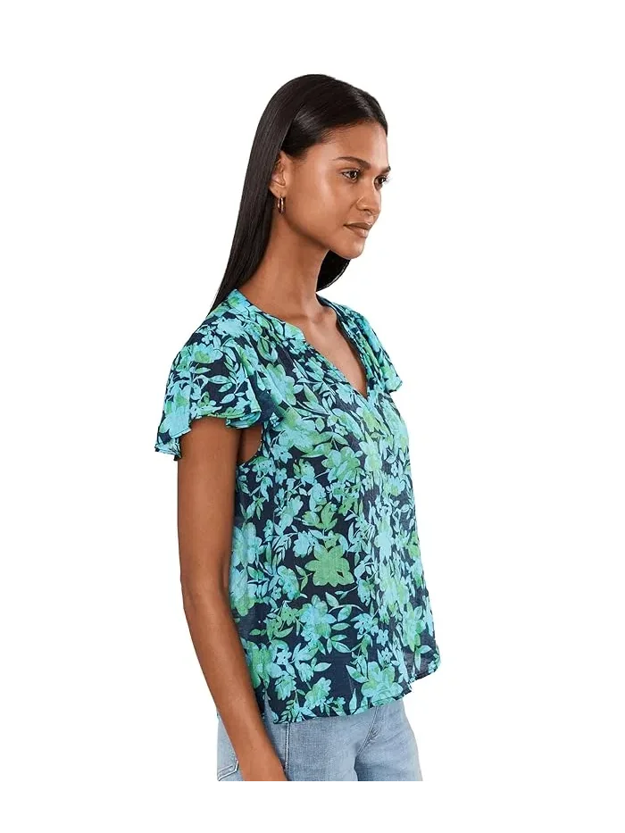 Топ с цветочным принтом Floral Shirred Flutter Sleeve Top CeCe — изображение 3 из 5, классический темно-синий