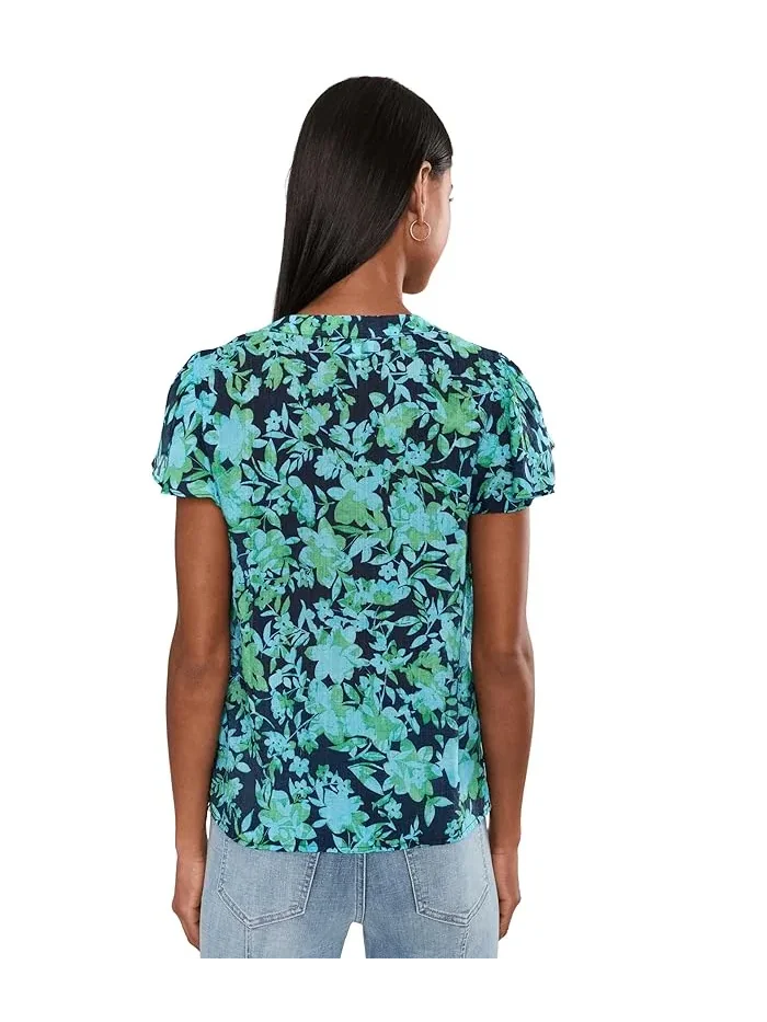 Топ с цветочным принтом Floral Shirred Flutter Sleeve Top CeCe — изображение 4 из 5, классический темно-синий