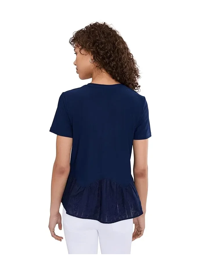 Топ с коротким рукавом Mixed Media Poplin Knit CeCe — изображение 4 из 5, классический темно-синий