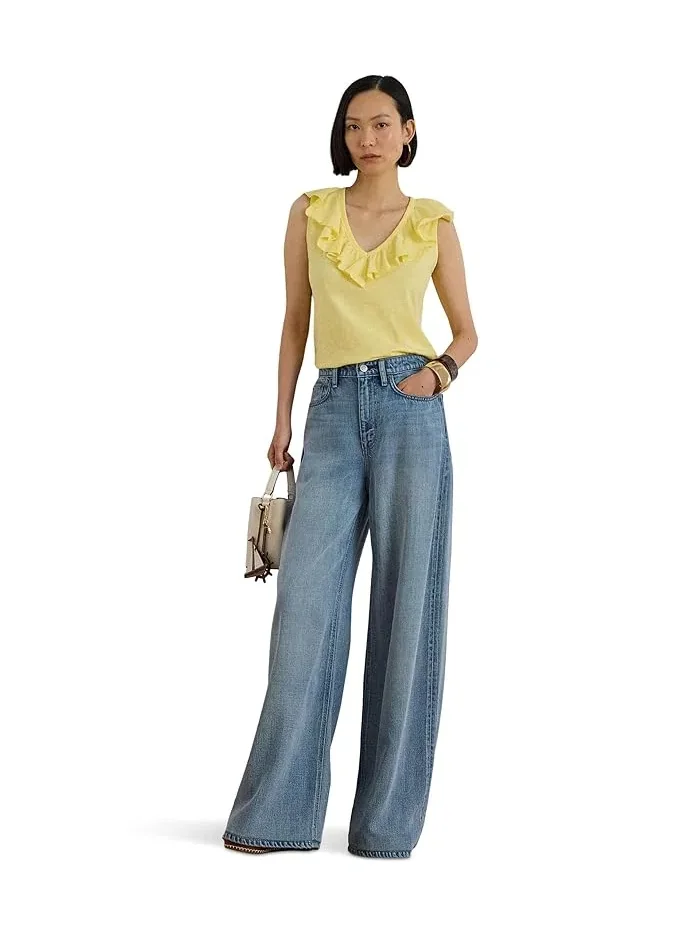 Топ с оборками хлопковый Petite Ruffle-Trim Slub Jersey Sleeveless Top Lauren Ralph Lauren — изображение 4 из 5, красный