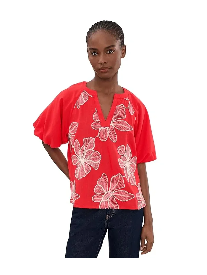 Топ с контрастным разрезом горловины и рукавами-фонариками Contrast Split Neck Band Bubble Sleeve Vince Camuto