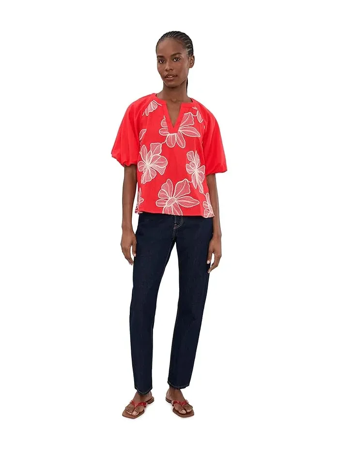 Топ с контрастным разрезом горловины и рукавами-фонариками Contrast Split Neck Band Bubble Sleeve Vince Camuto, красный