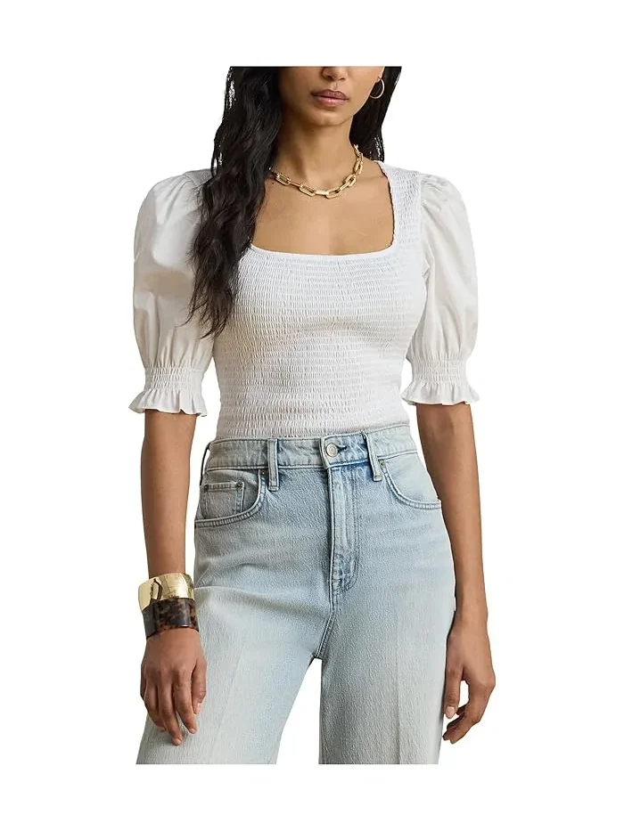 Топ с завышенной талией Smocked Cotton Jersey Puff-Sleeve Lauren Ralph Lauren